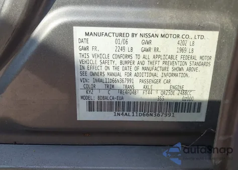 2006 Nissan Altima 2.5 S из США, поврежденный, VIN 1N4AL11D66N367991